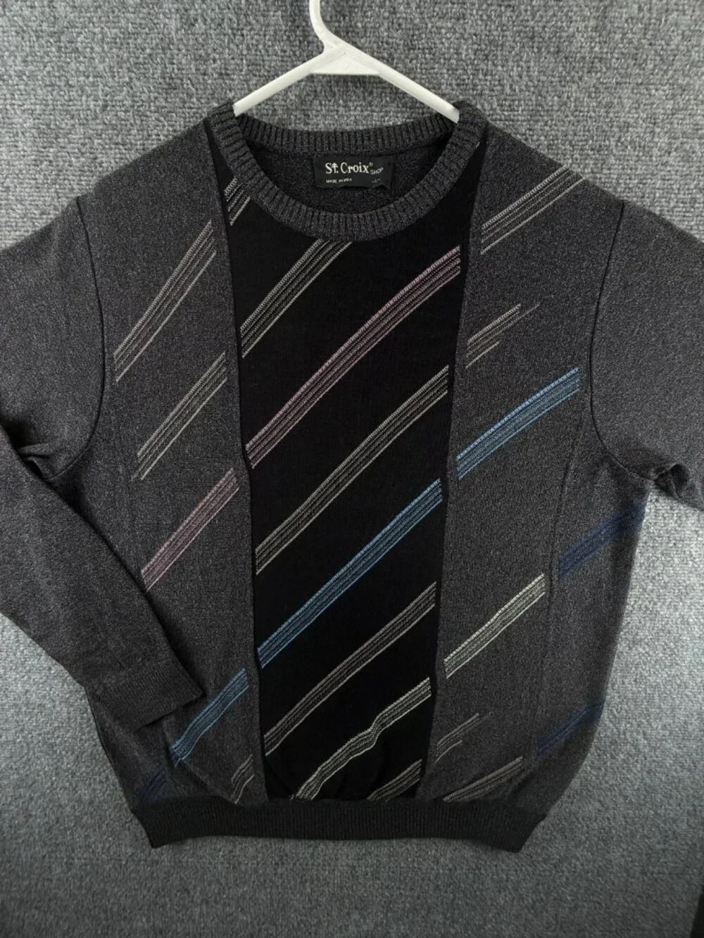 NWOT NOS St. Croix Gray Black Sweater 90s Large USA Cotton Blend Diagonal Stripe